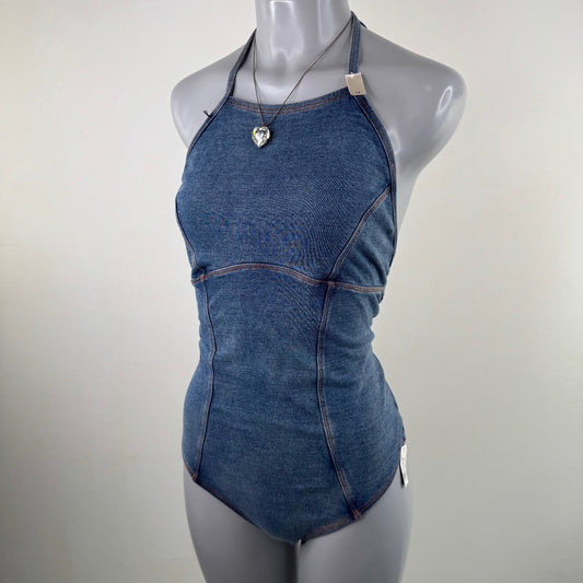 Y2K vintage denim style swimsuit halter neck bow low back blue one piece swim