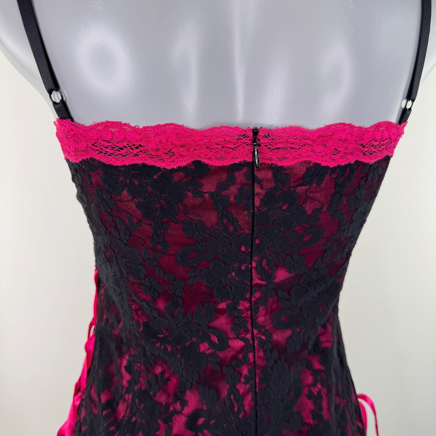 Y2K vintage chemise babydoll mini dress lace up trim frilly rara pink black bow