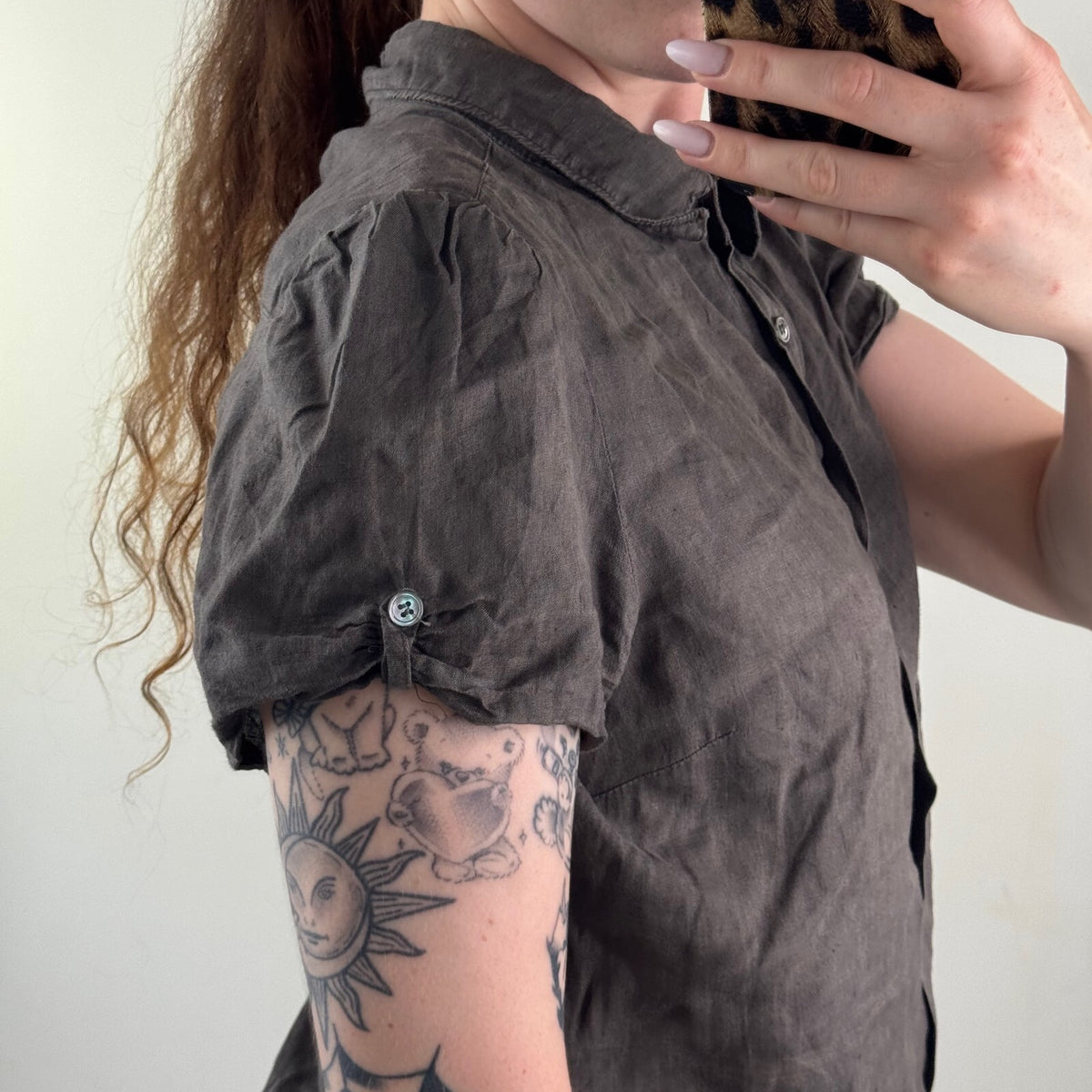 Y2K vintage linen blouse button up dark brown shirt short sleeve lightweight