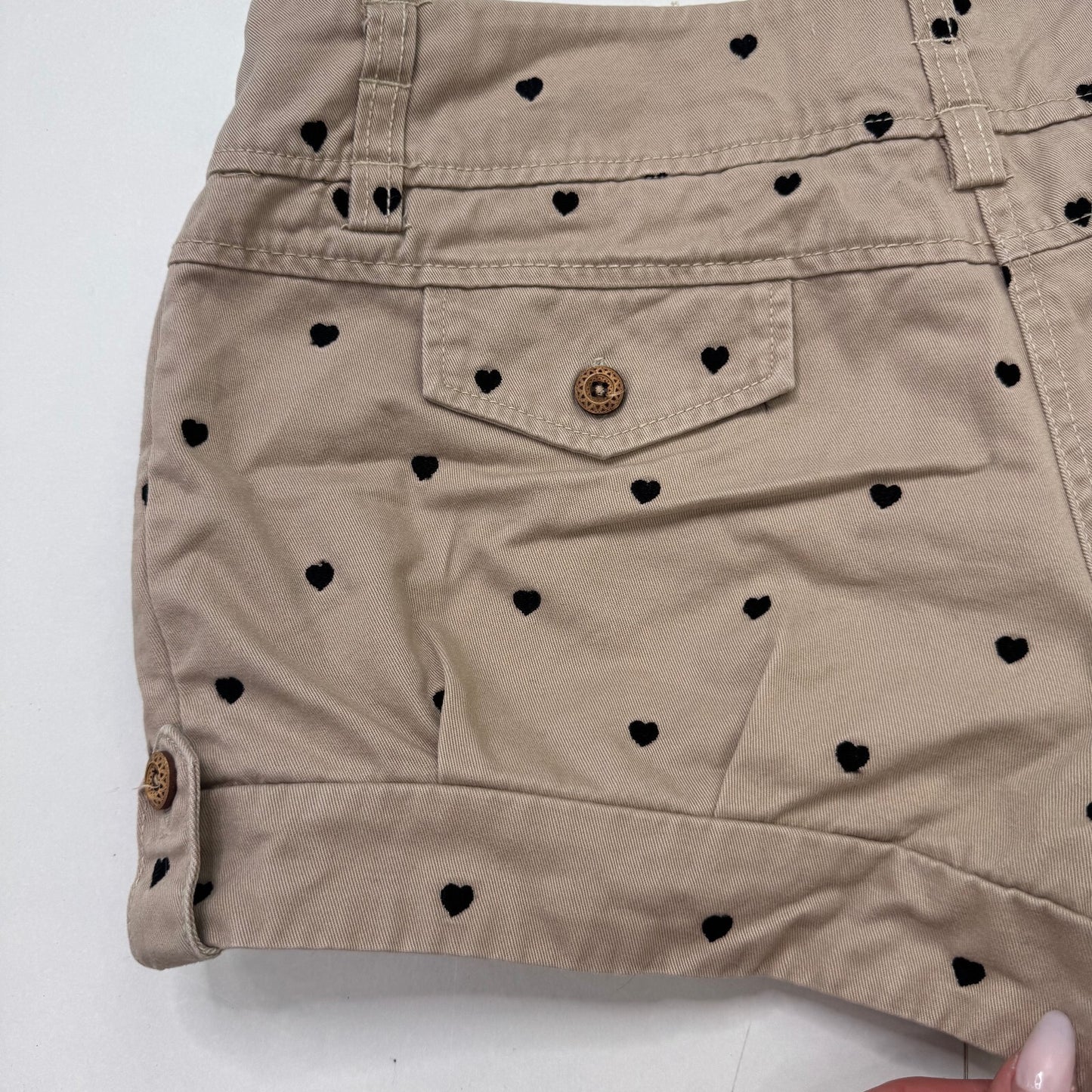 Y2K vintage low rise mini shorts heart embroidered chino buttons pockets