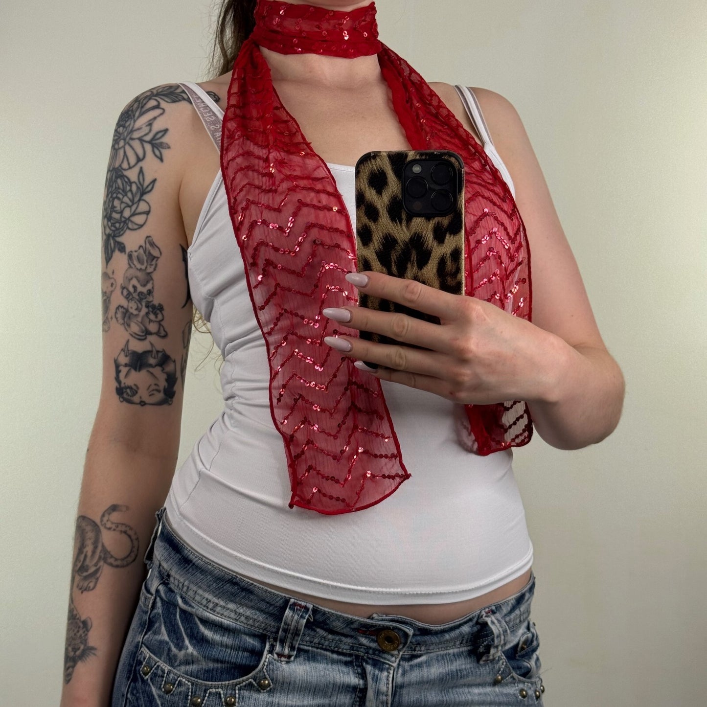 Y2K vintage scarf sequin embellished chevron mesh sheer skinny thin
