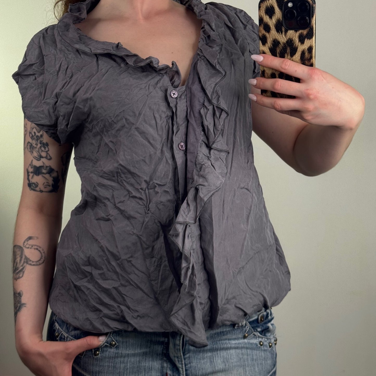Y2K vintage 100% silk blouse ruffle puff cap short sleeve button up frilly