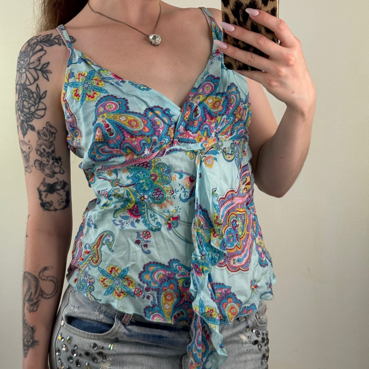 Y2K vintage paisley cami top ruffle multi light blue print v neck turquoise