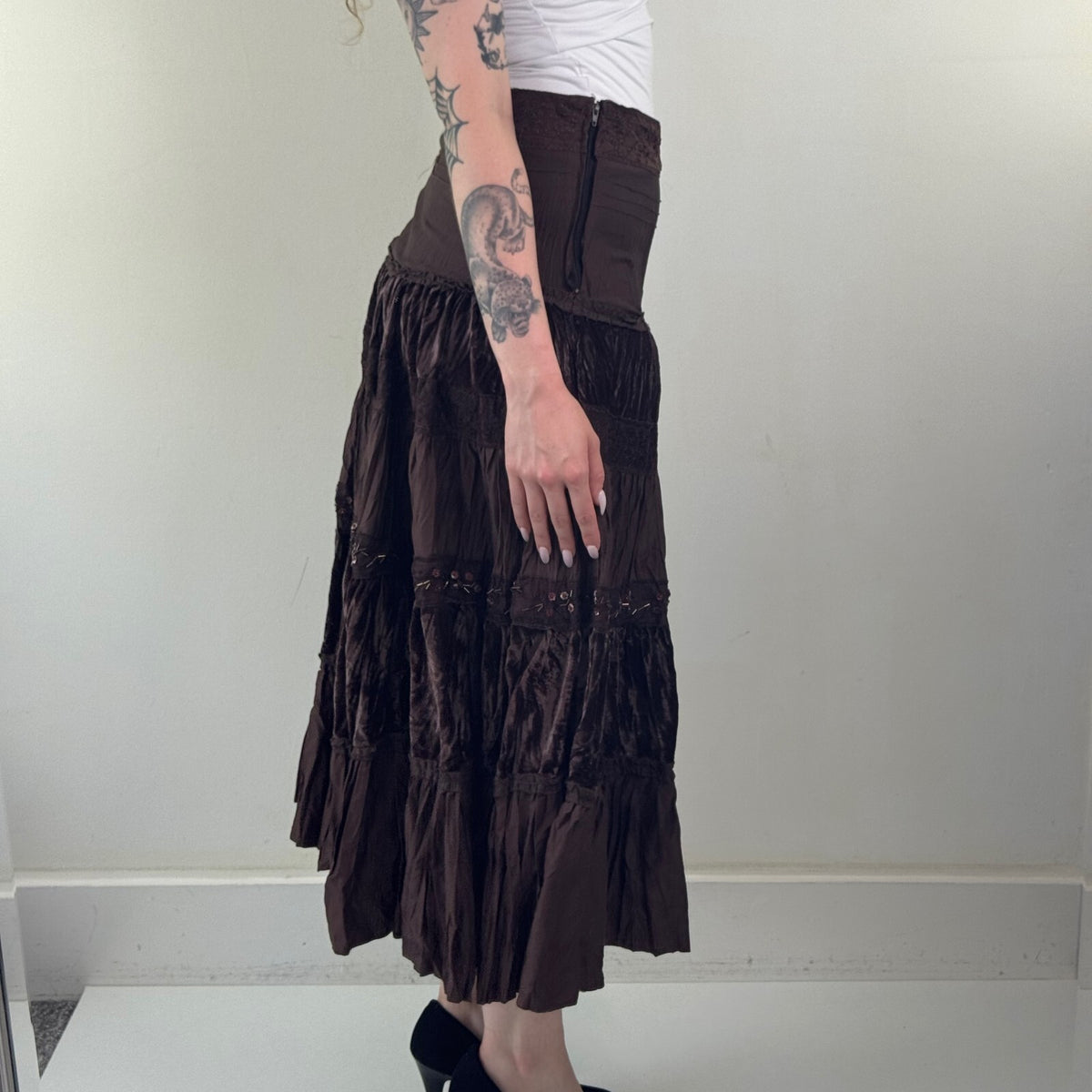 Y2K vintage maxi skirt boho a line tiered sequin velvet coquette fairy brown