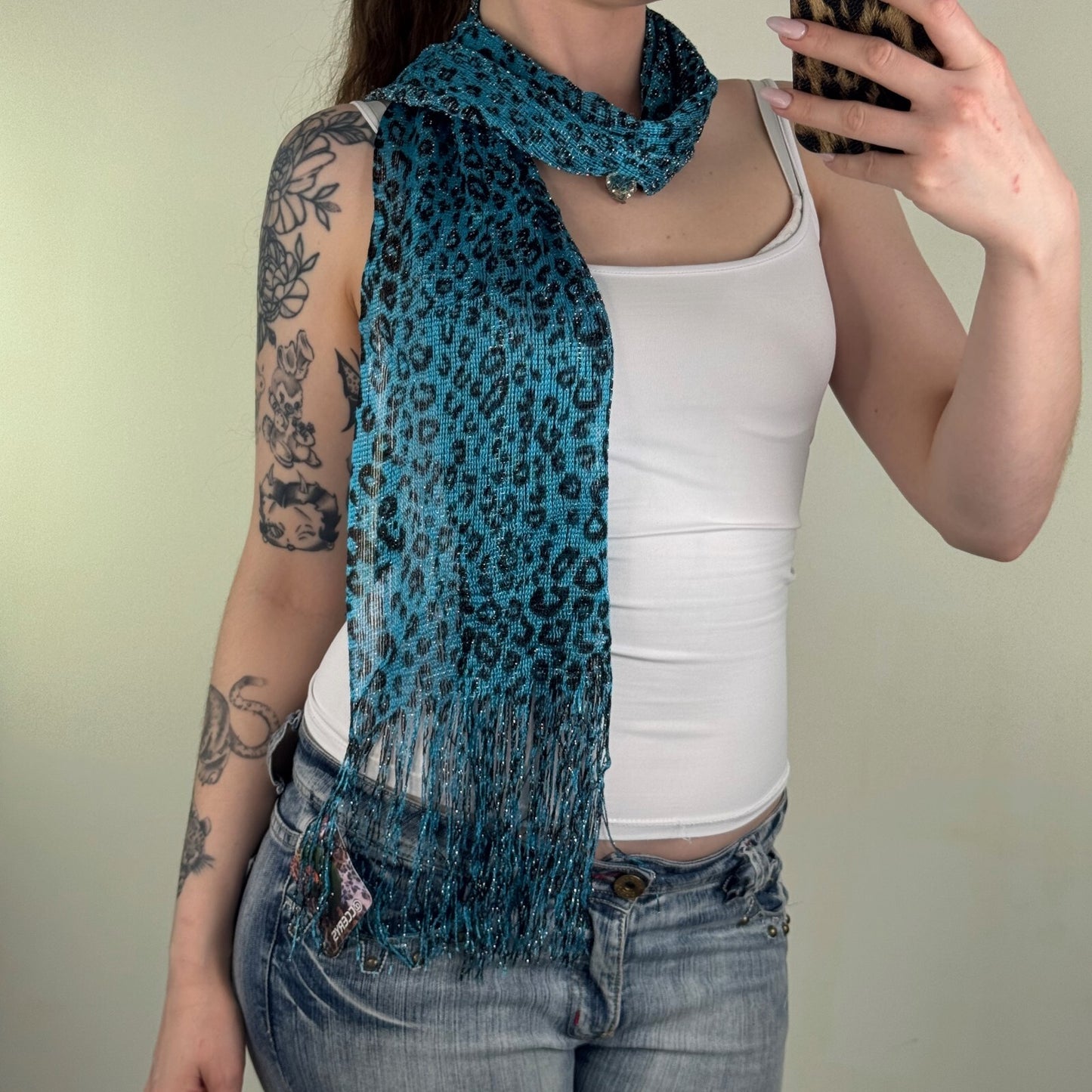 Y2K vintage scarf leopard print sparkly fringe blue black sheer knit