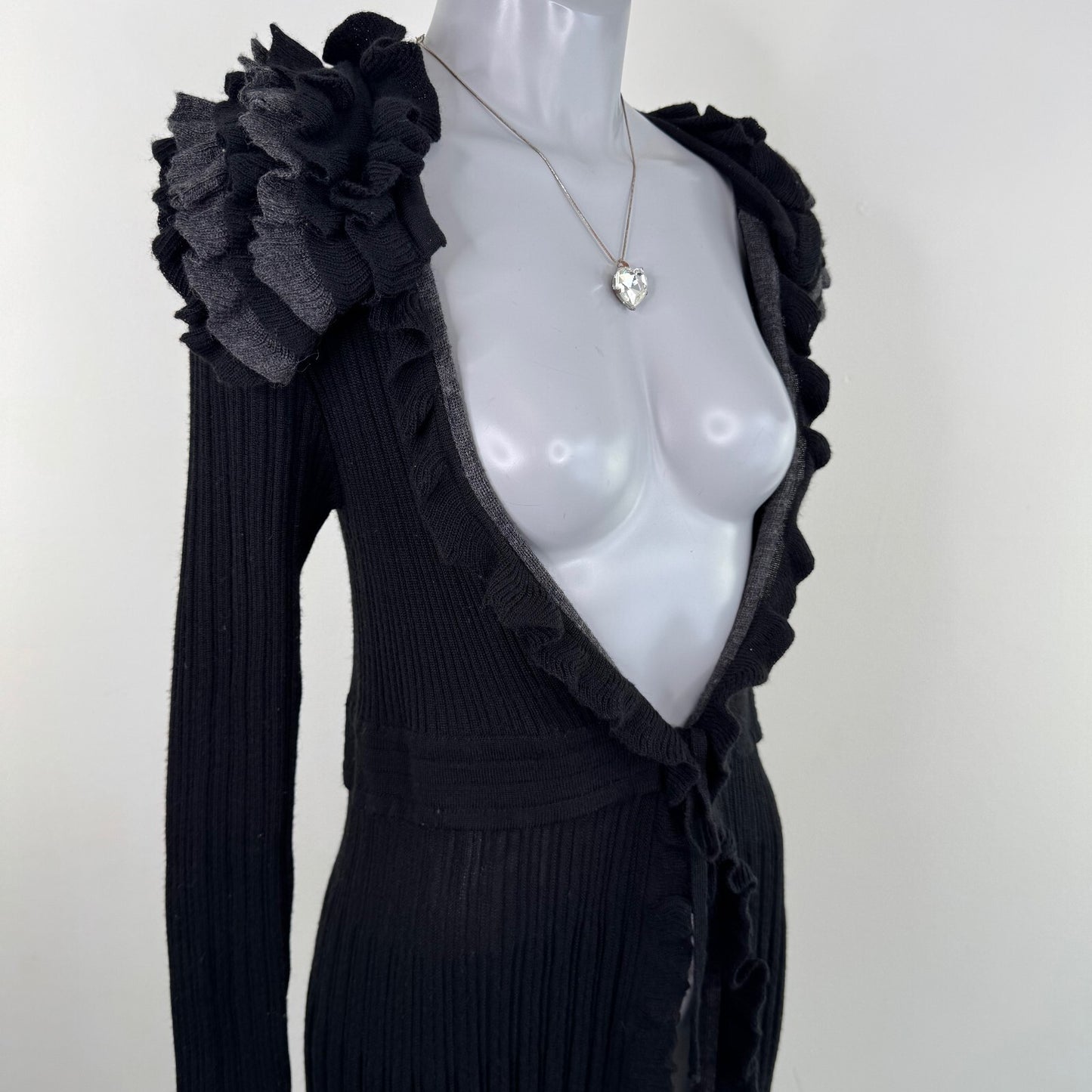 Y2K vintage Per Una cardigan wool blend long knit open bust bow ruffle frill