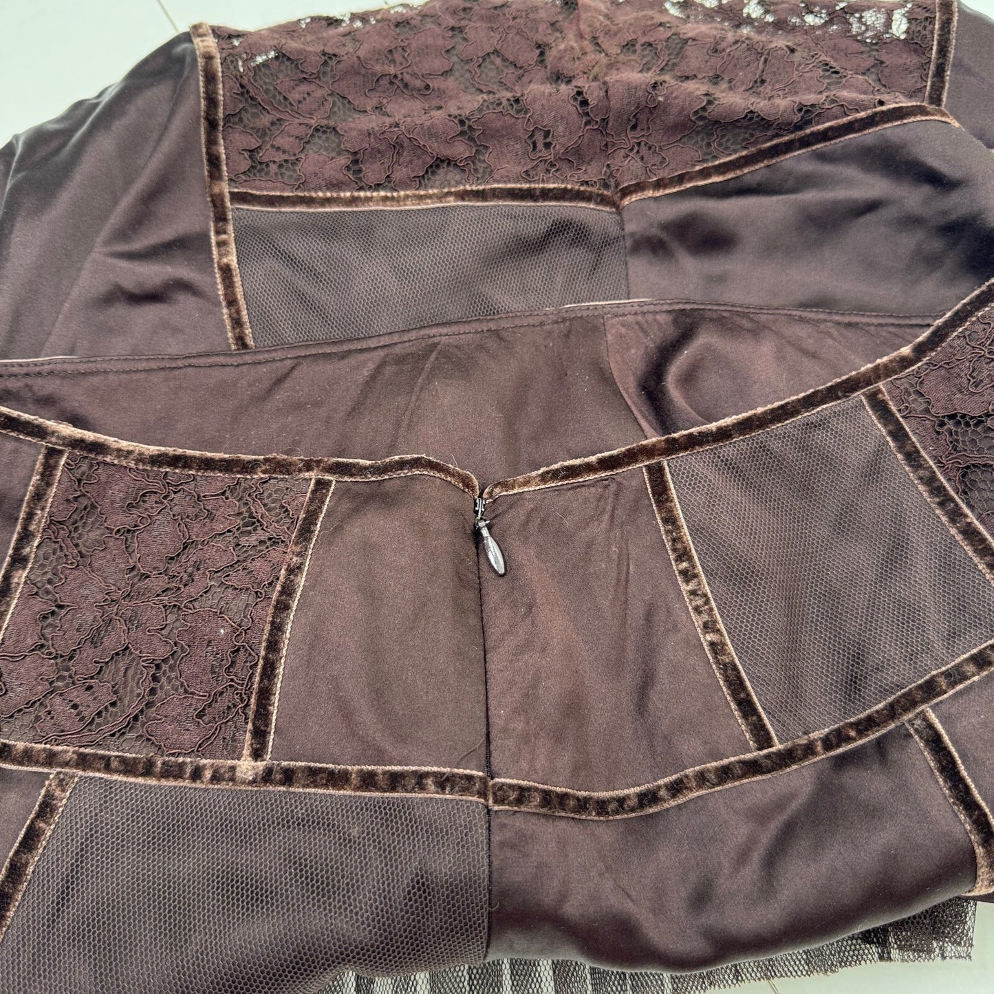Y2K vintage Karen Millen midi skirt satin lace fairy boho mesh trim brown
