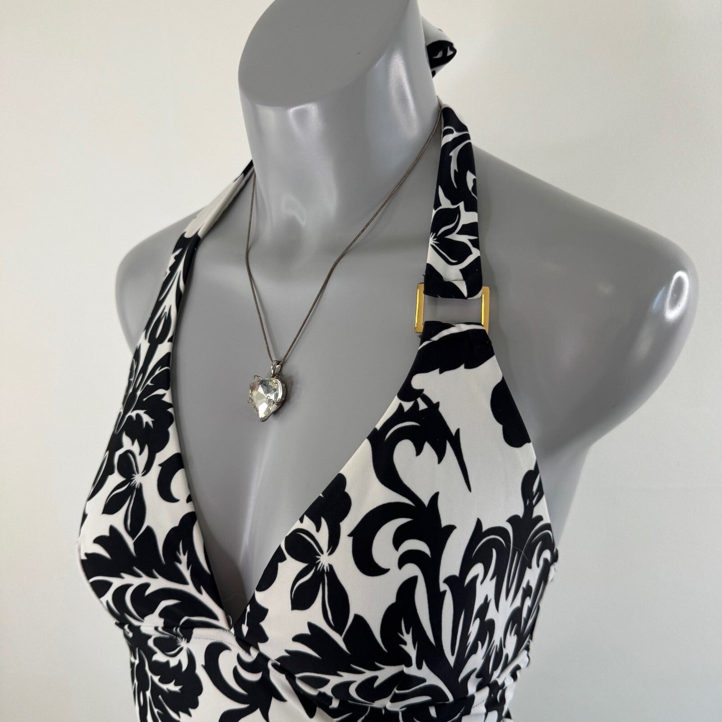 Vintage tankini top filigree black white halter neck tie bow v neck