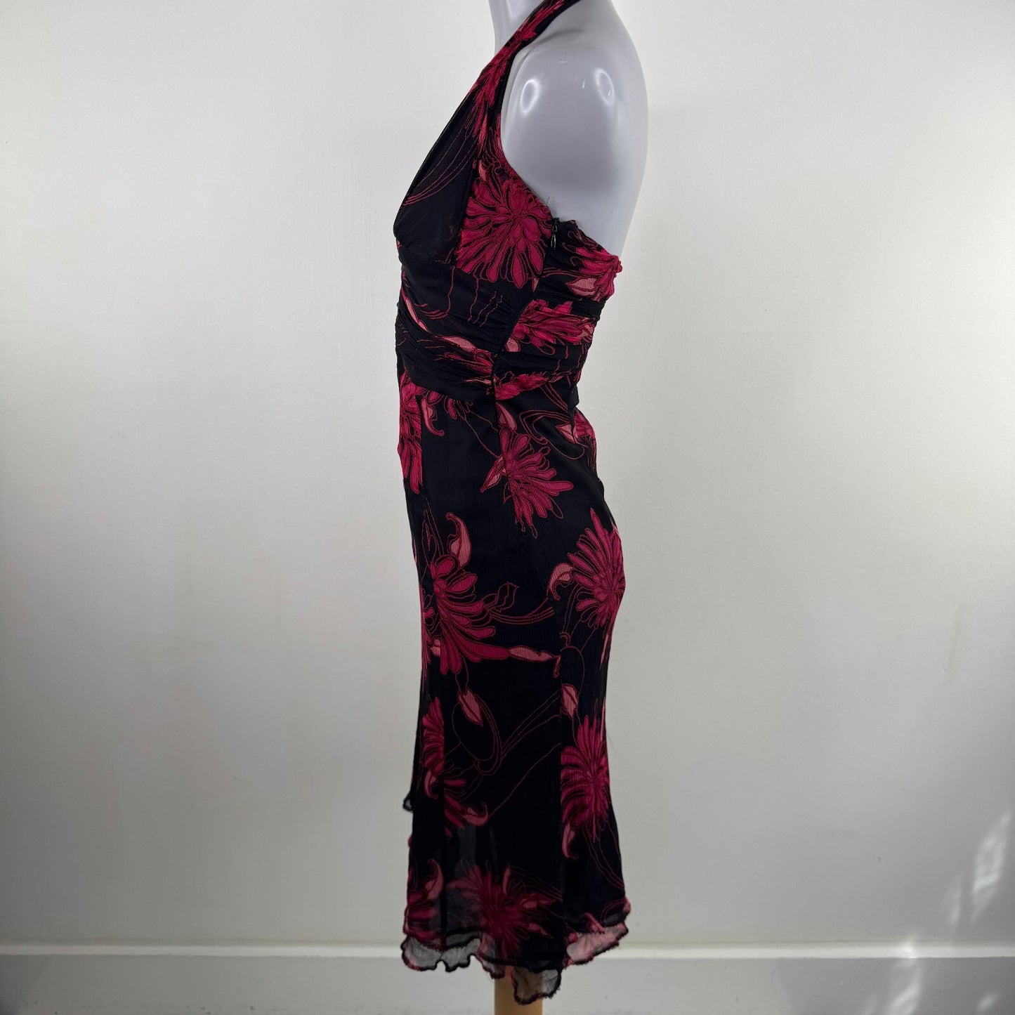 Vintage Karen Millen 100% silk midi dress halter neck floral occasion y2k 2000s