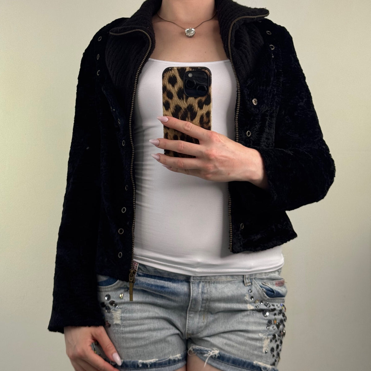 Y2K vintage bomber jacket zip up short grommet high neck knit faux fur archive