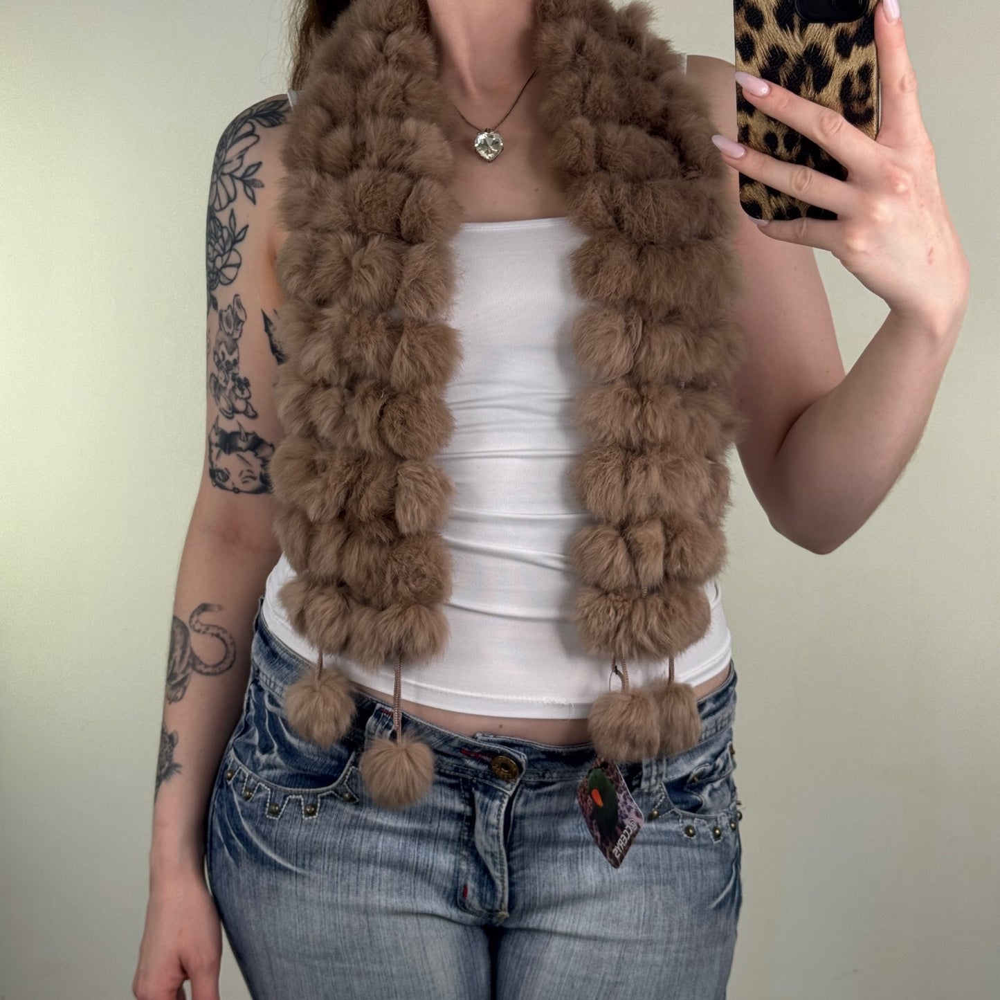 Y2K vintage genuine rabbit/ lapin scarf light brown pom pom