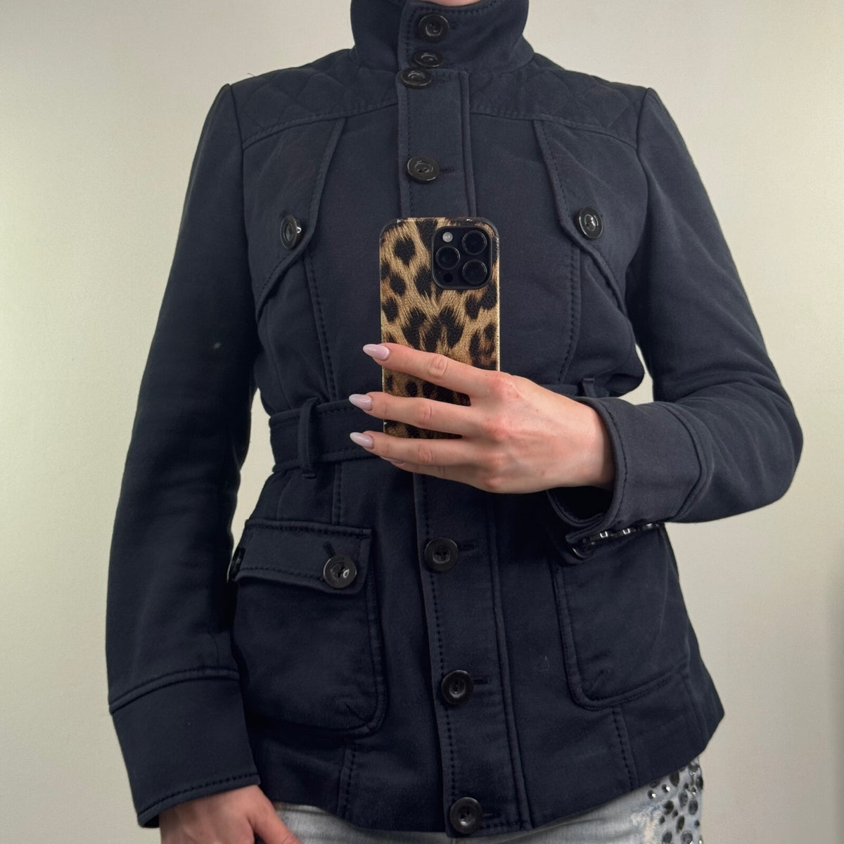 Y2K vintage high neck jacket full zip up belted button stretchy quilted trench