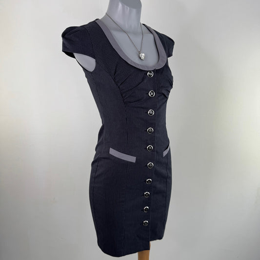 Y2K vintage pinstripe mini dress cap sleeve round neck fitted tailored pin up