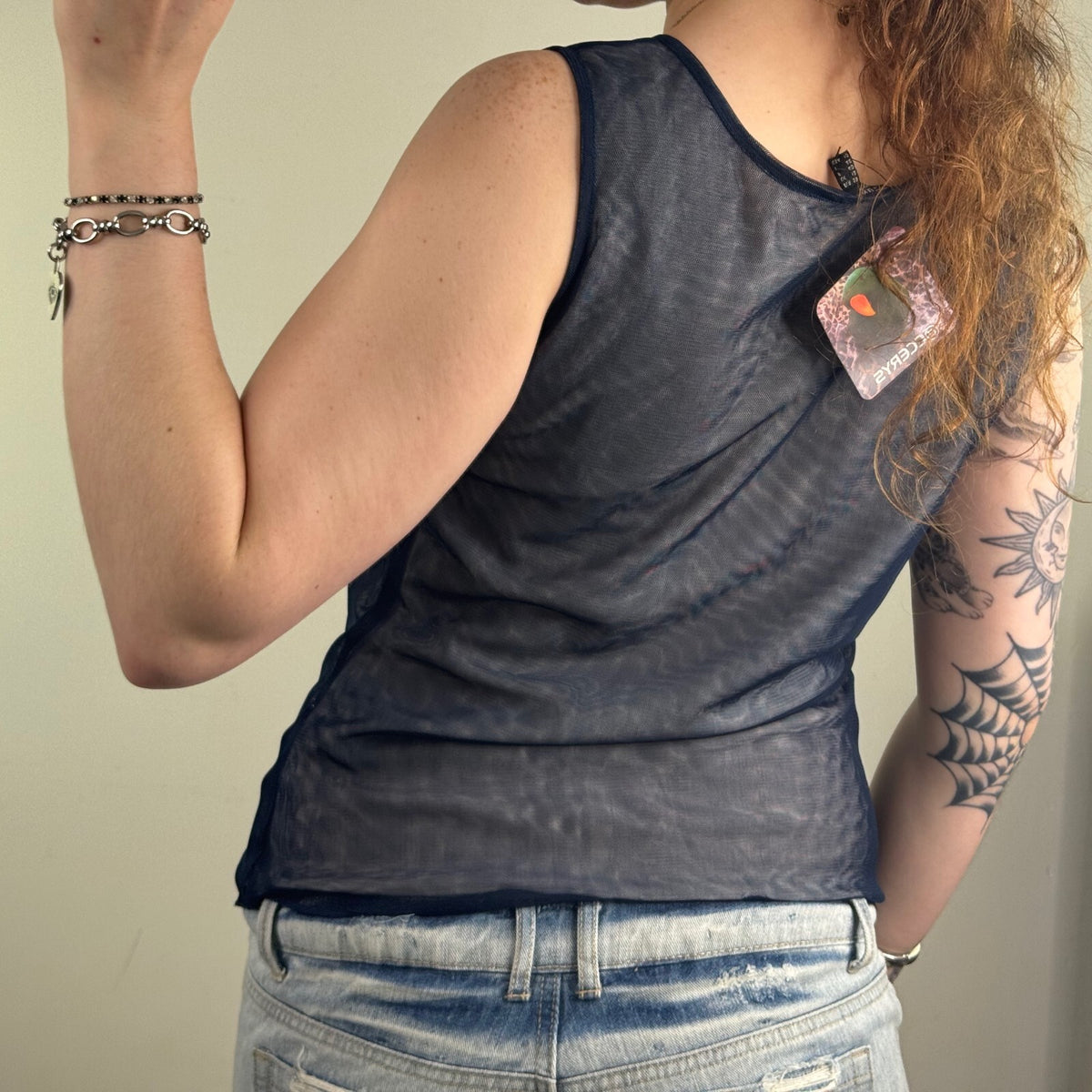 Y2K vintage tank top mesh beaded embellished navy floral paisley sleeveless