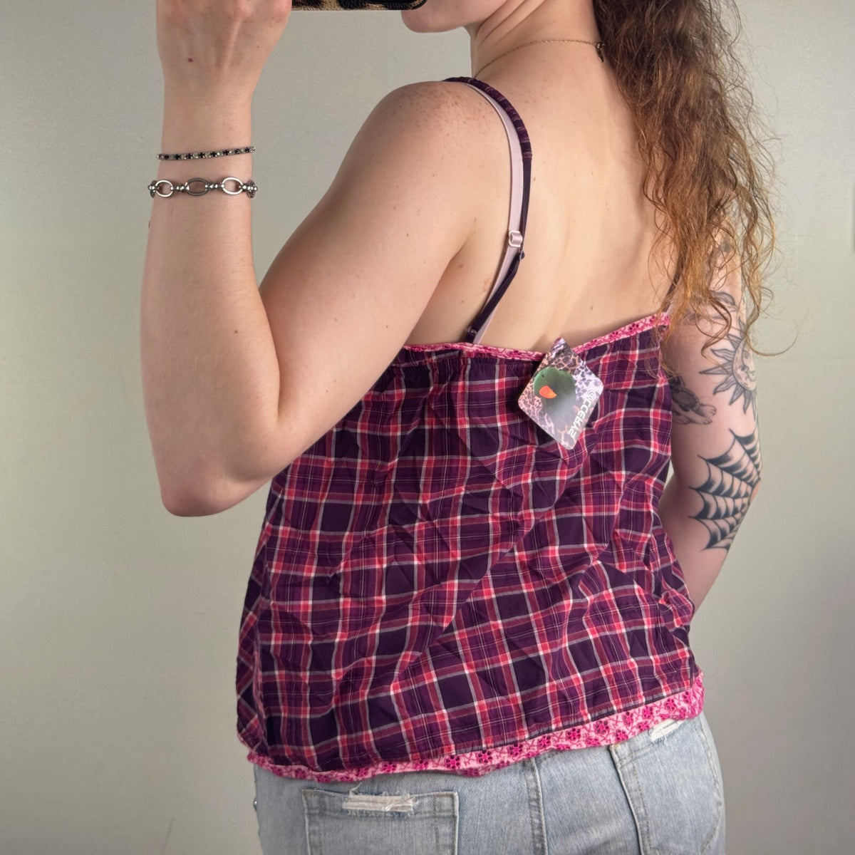 Y2K vintage Jack Wills cami top tartan print purple pink v neck bow babydoll