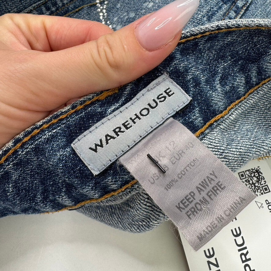 Y2K vintage mini skirt mid blue wash denim rhinestone distressed fraying hem