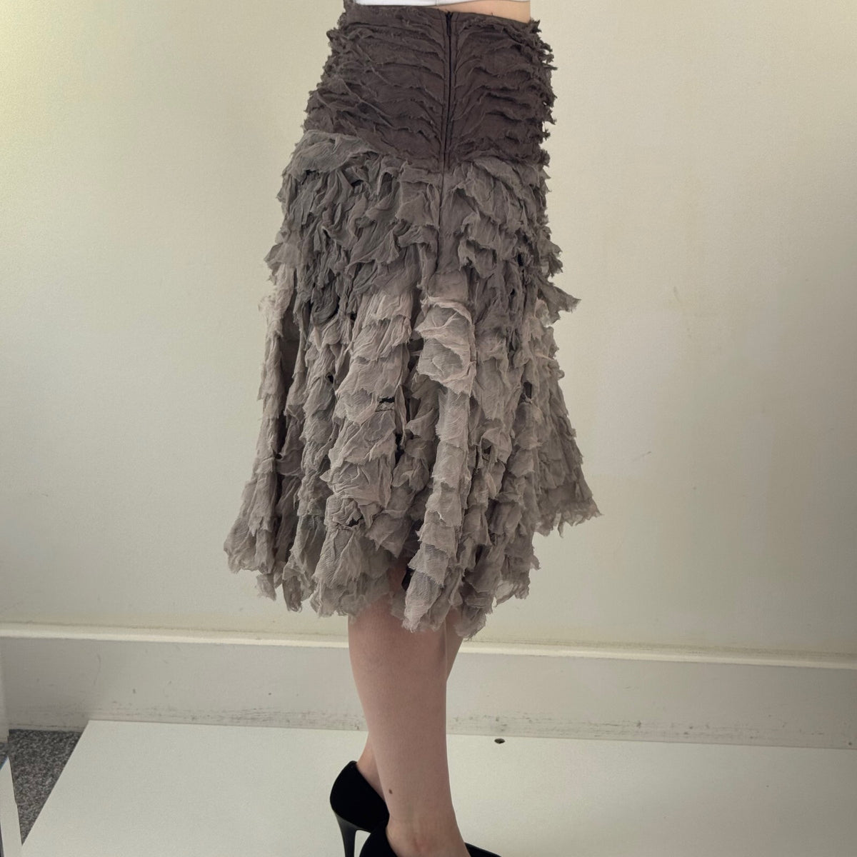 Y2K vintage midi skirt part silk ruffle tiered grey asymmetrical ombre Italian