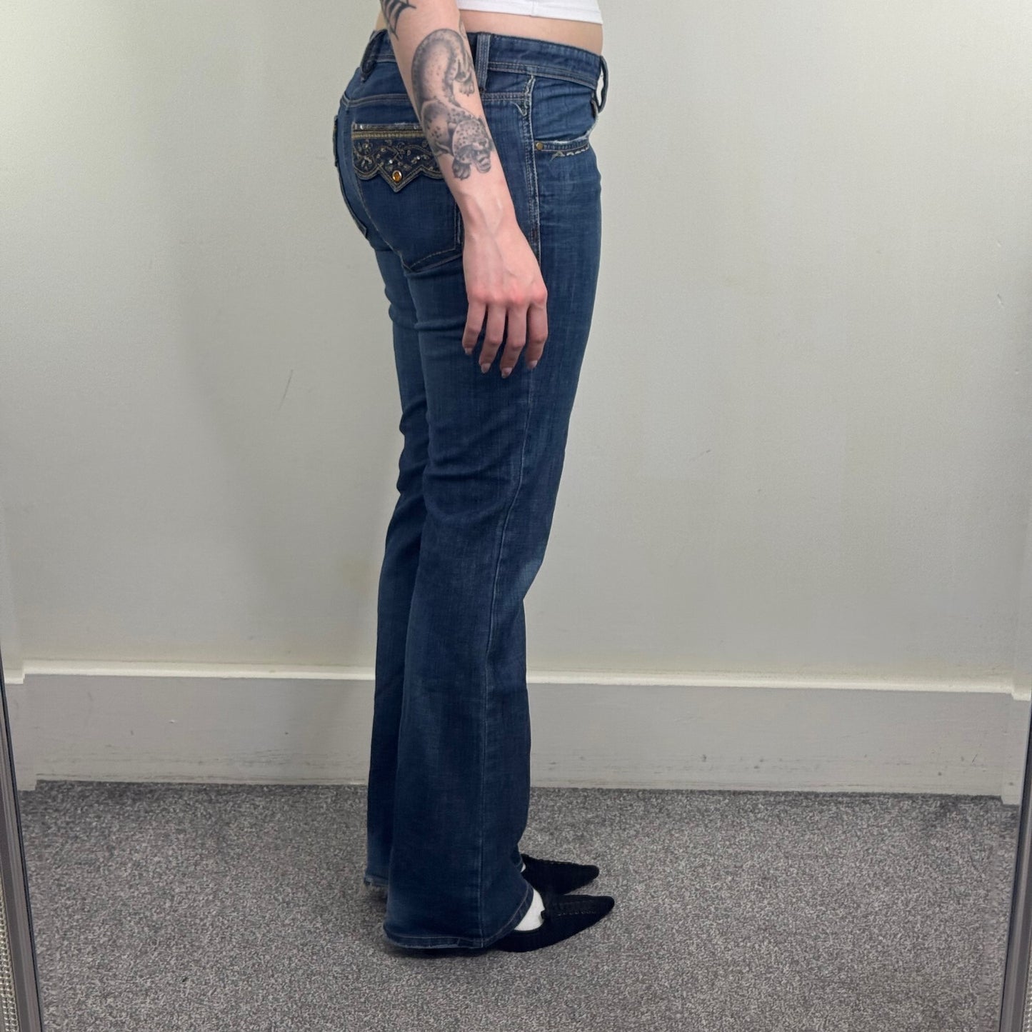 Y2K vintage bootcut denim jeans embroidery dark faded wash sequin distressed