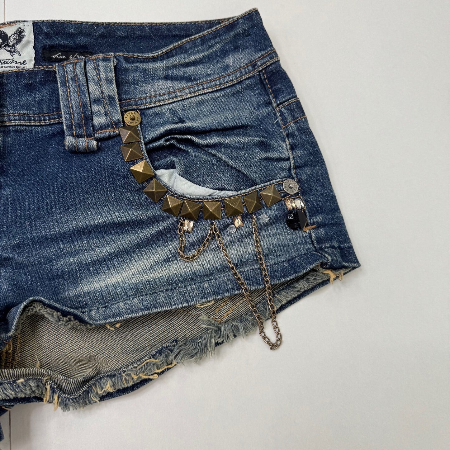 Vintage denim mini shorts super low rise stud embellished lace chain stretchy