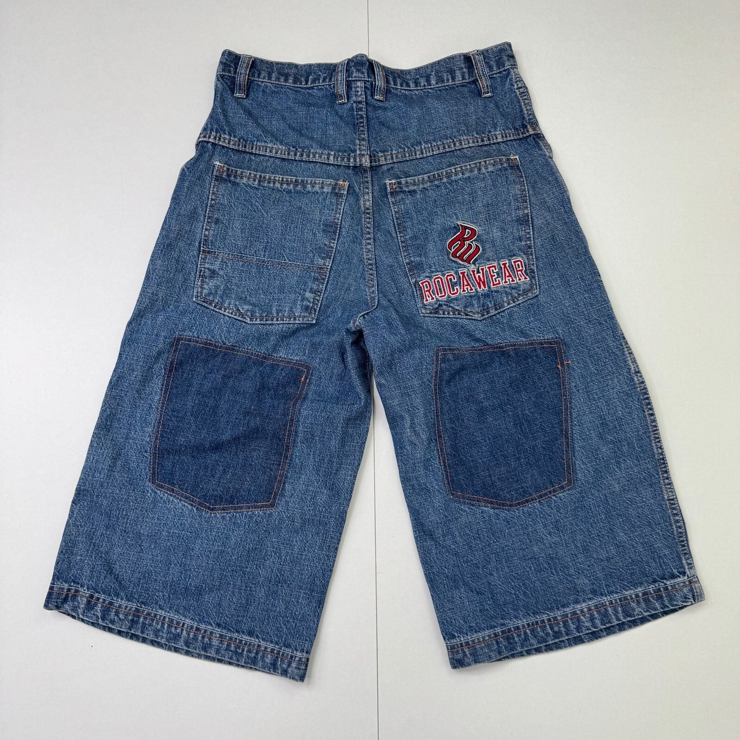 Y2K vintage Rocawear jorts denim shorts baggy patches faded star embroidered