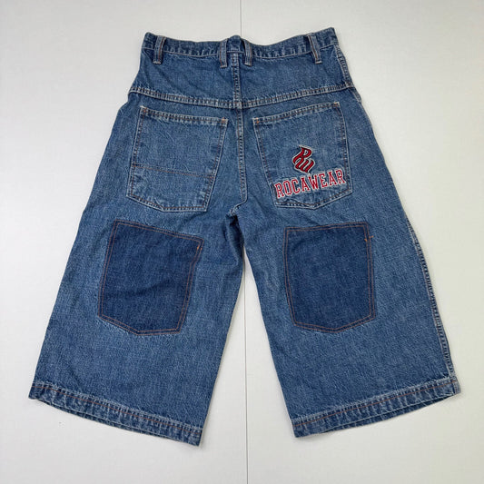 Y2K vintage Rocawear jorts denim shorts baggy patches faded star embroidered