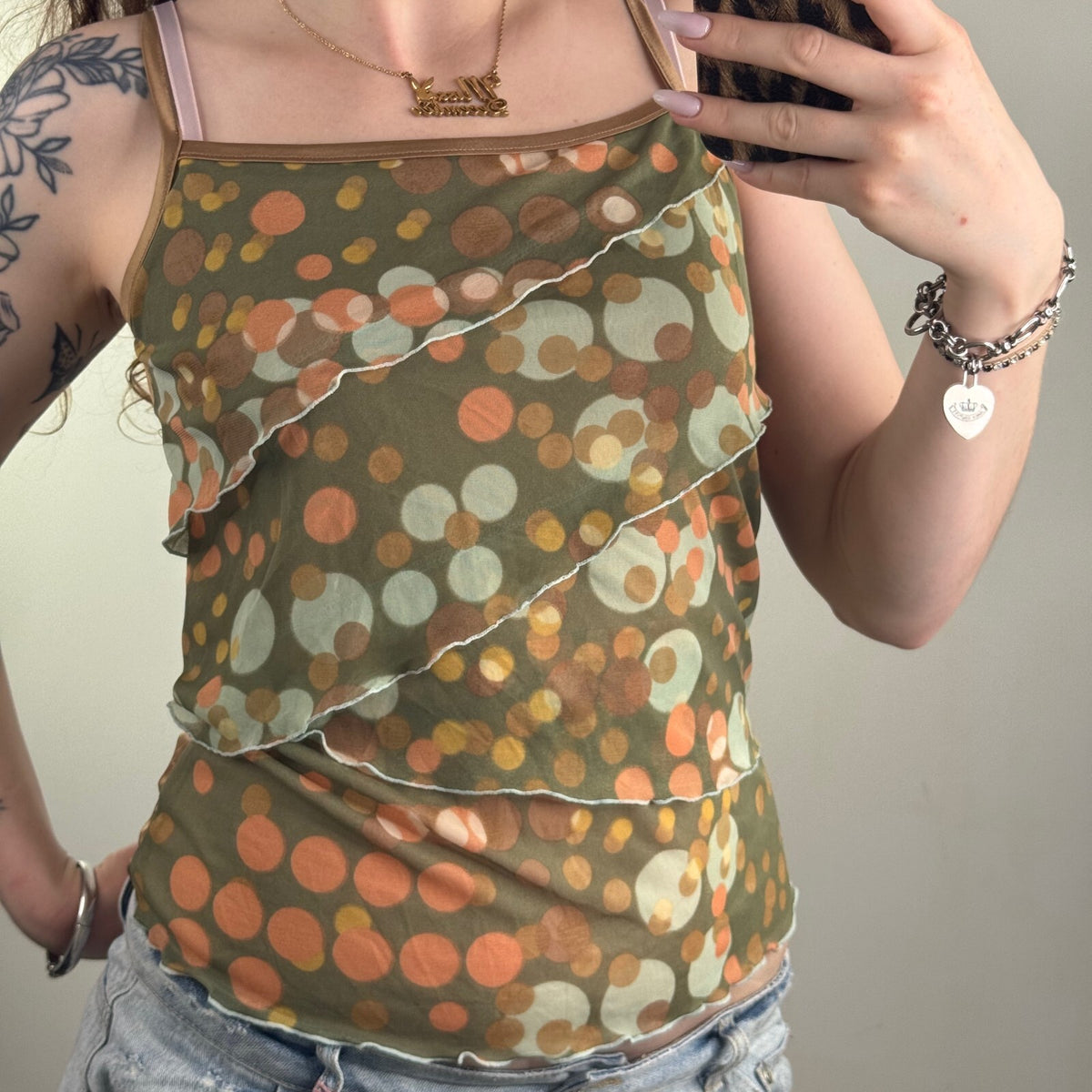 Y2K vintage cami top mesh ruffle spotty polka dots square neck fairy boho