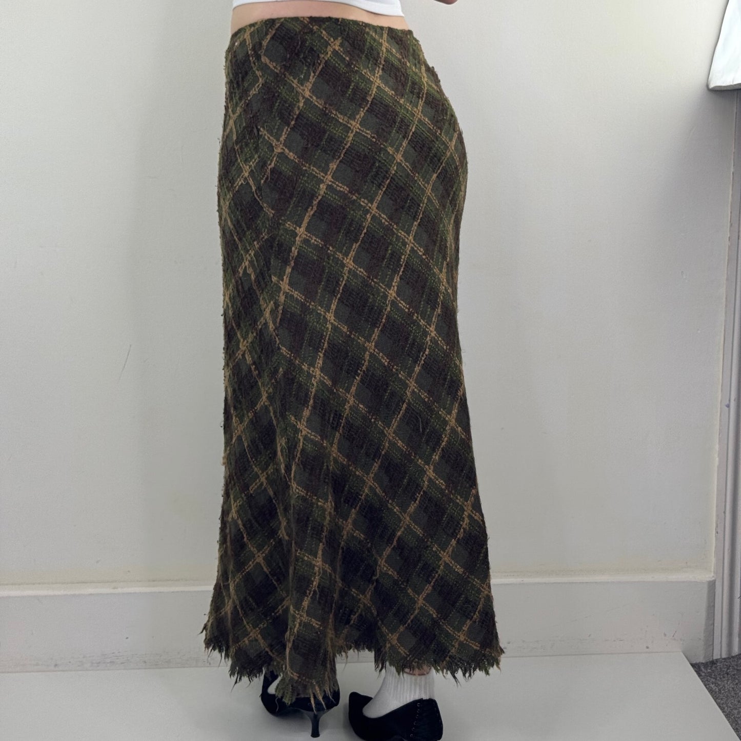 Y2K vintage Per Una maxi skirt tartan check wool blend dark green boho knit