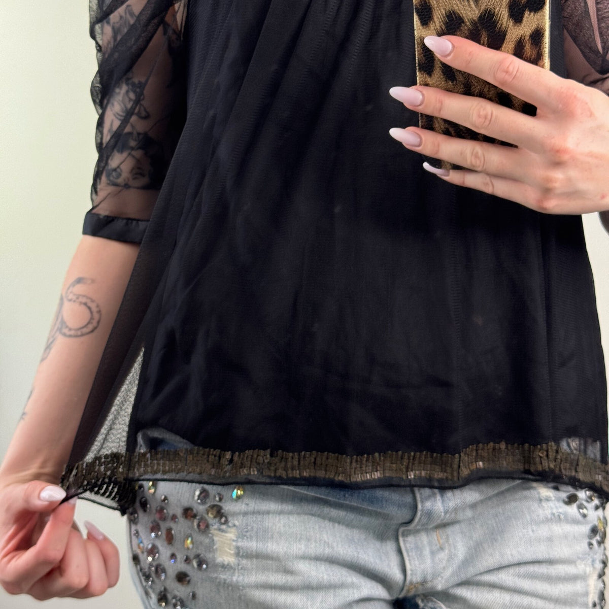 Y2K vintage silk blouse mesh 3/4 sleeve embellished boho layered square neck