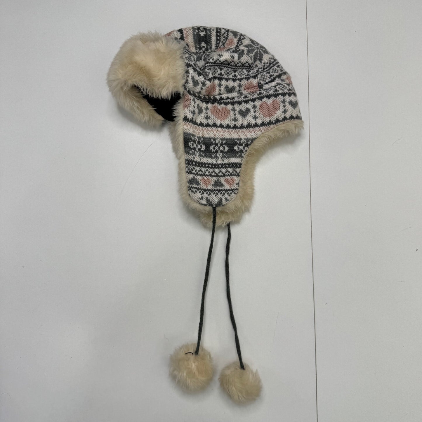 Y2K vintage trapper hat knit faux fur trim pom poms heart aztec print