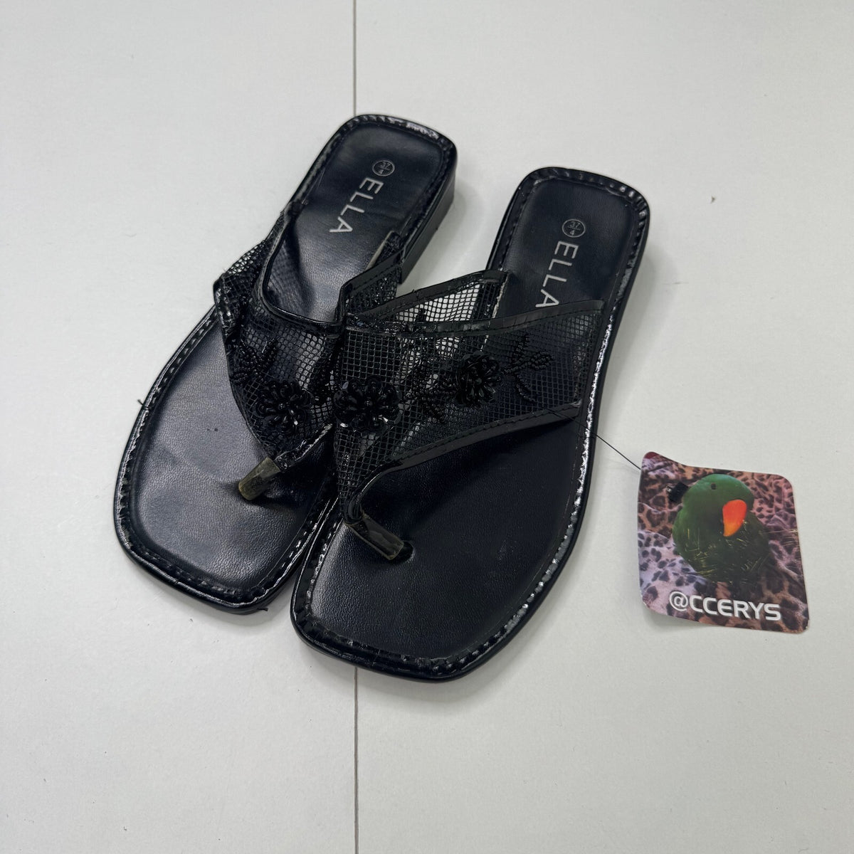 Y2K vintage sandals flip flops beaded mesh floral sequin square toe