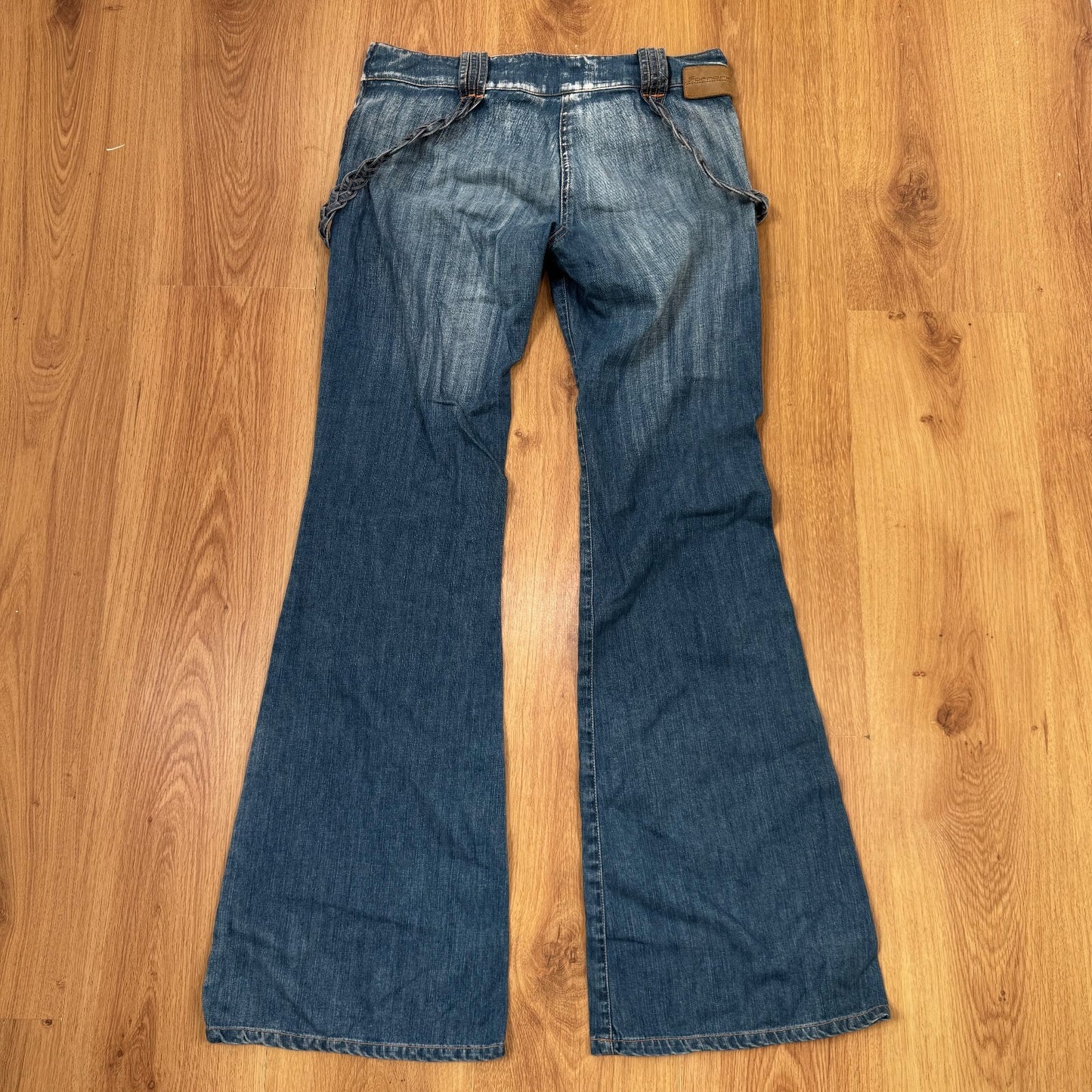 Y2K vintage bootcut denim jeans low rise braided faded mid blue wash