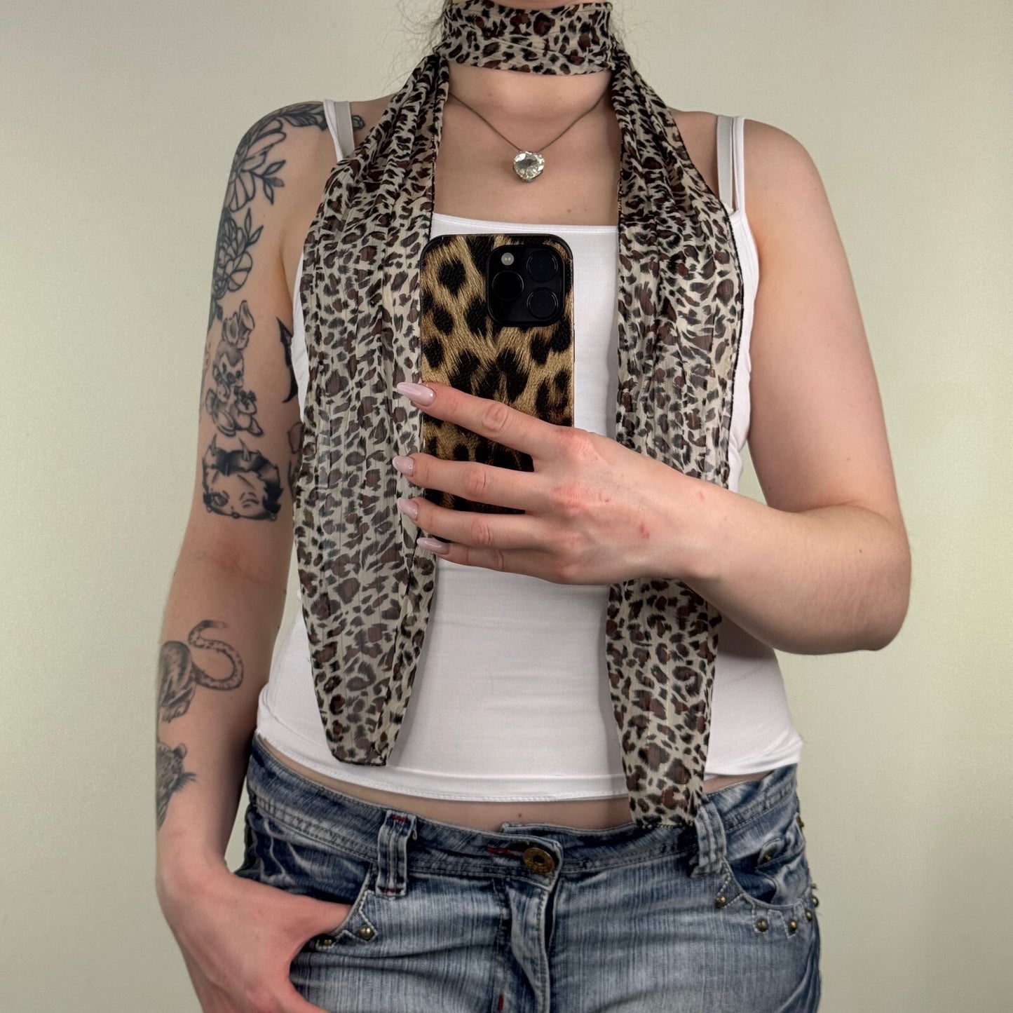 Y2K vintage scarf leopard print skinny thin sheer