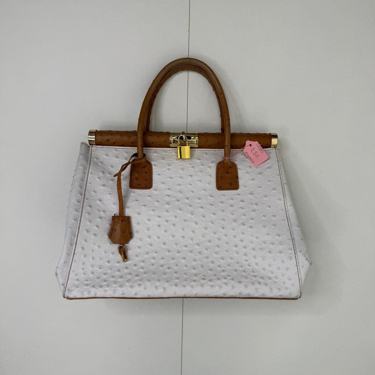 Y2K vintage Italian handbag genuine leather lock ostrich-effect white brown