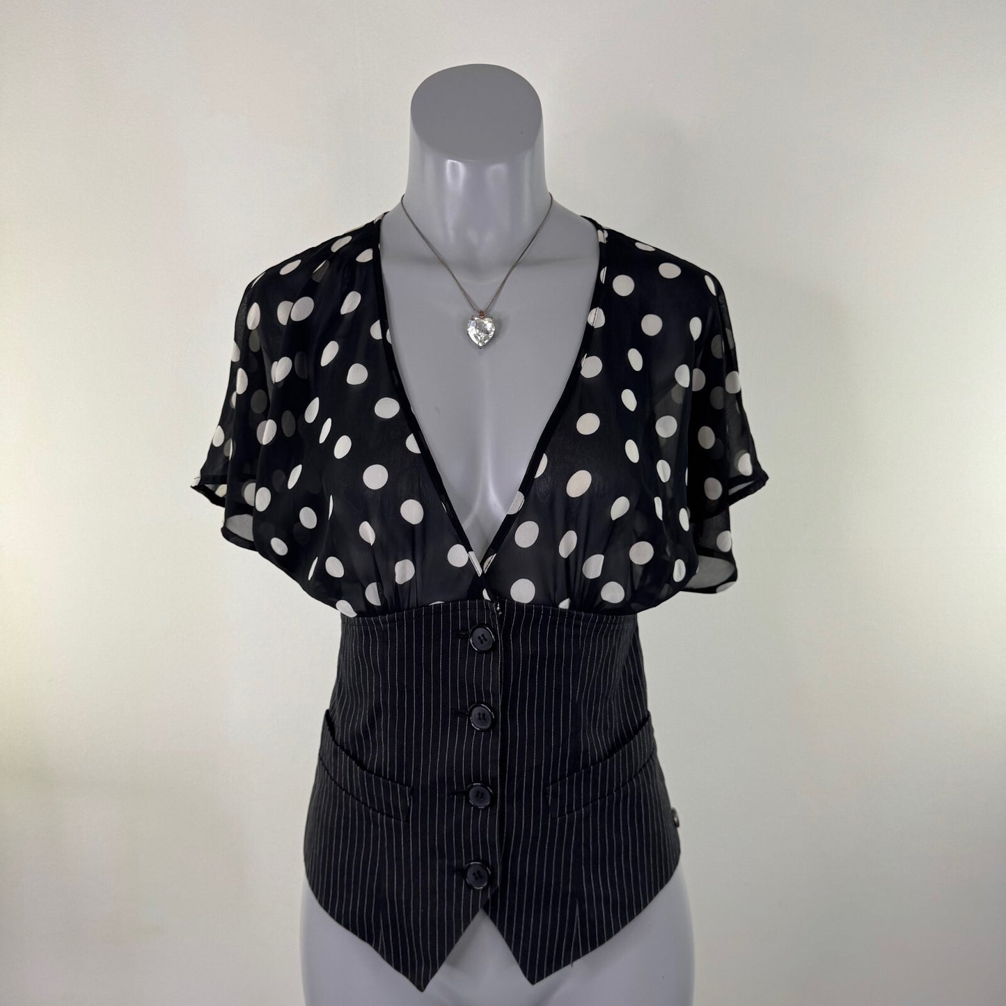 Y2K vintage blouse short flare sleeve polka dot sequin waistcoat button up sheer