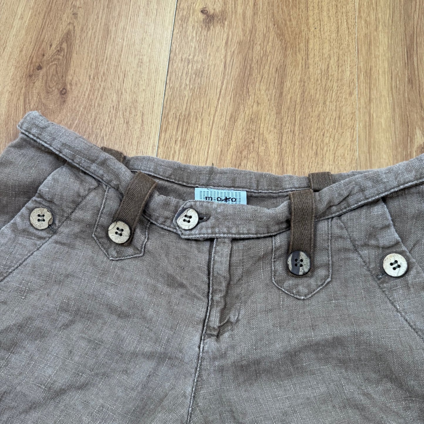 Y2K vintage 100% linen mini shorts buttons chino side pockets brown lightweight