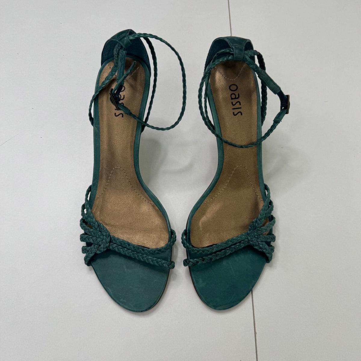 Y2K vintage genuine leather high heel strappy braided woven turquoise ankle