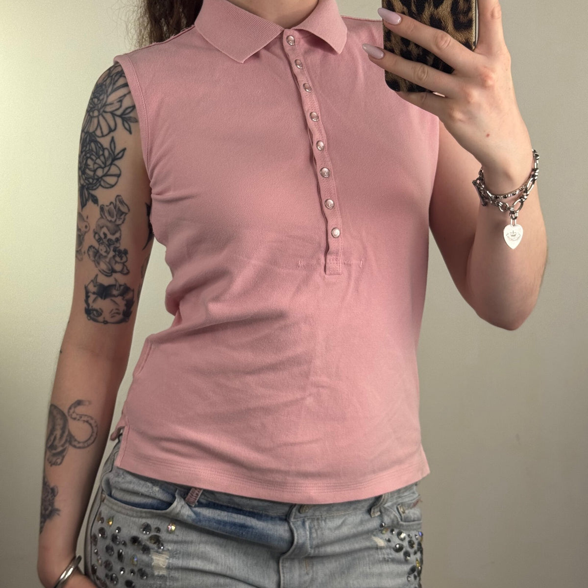 Y2K vintage Timberland polo top henley sleeveless tank collar pale pink