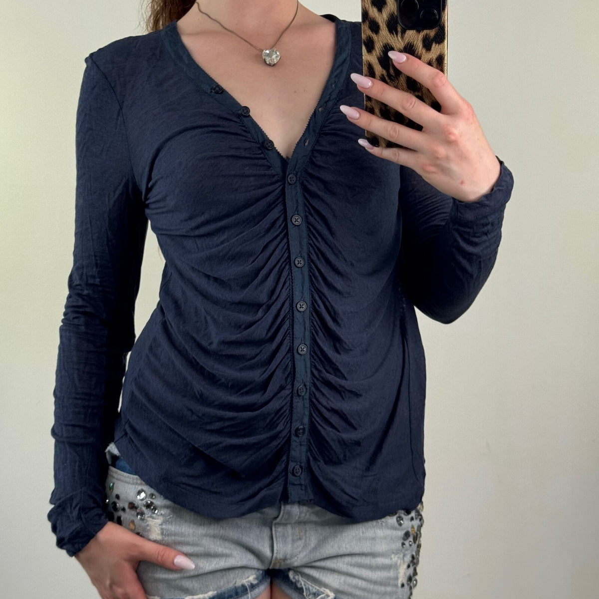 Y2K vintage long sleeve top button up ruched navy sheer lightweight fine knit