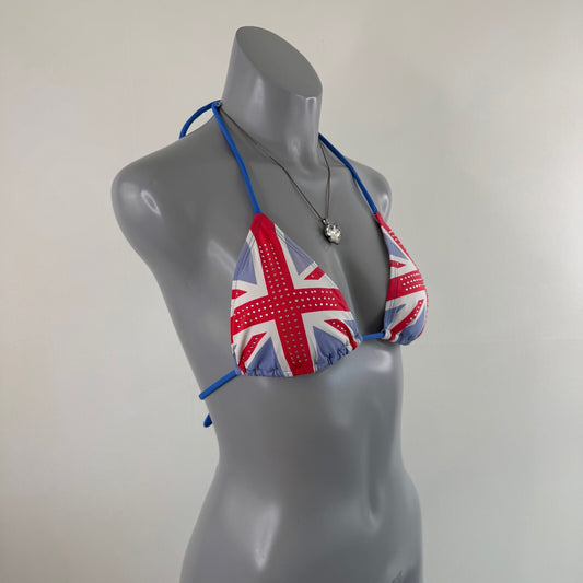 Y2K vintage bikini top union jack rhinestone pink blue halter neck tie