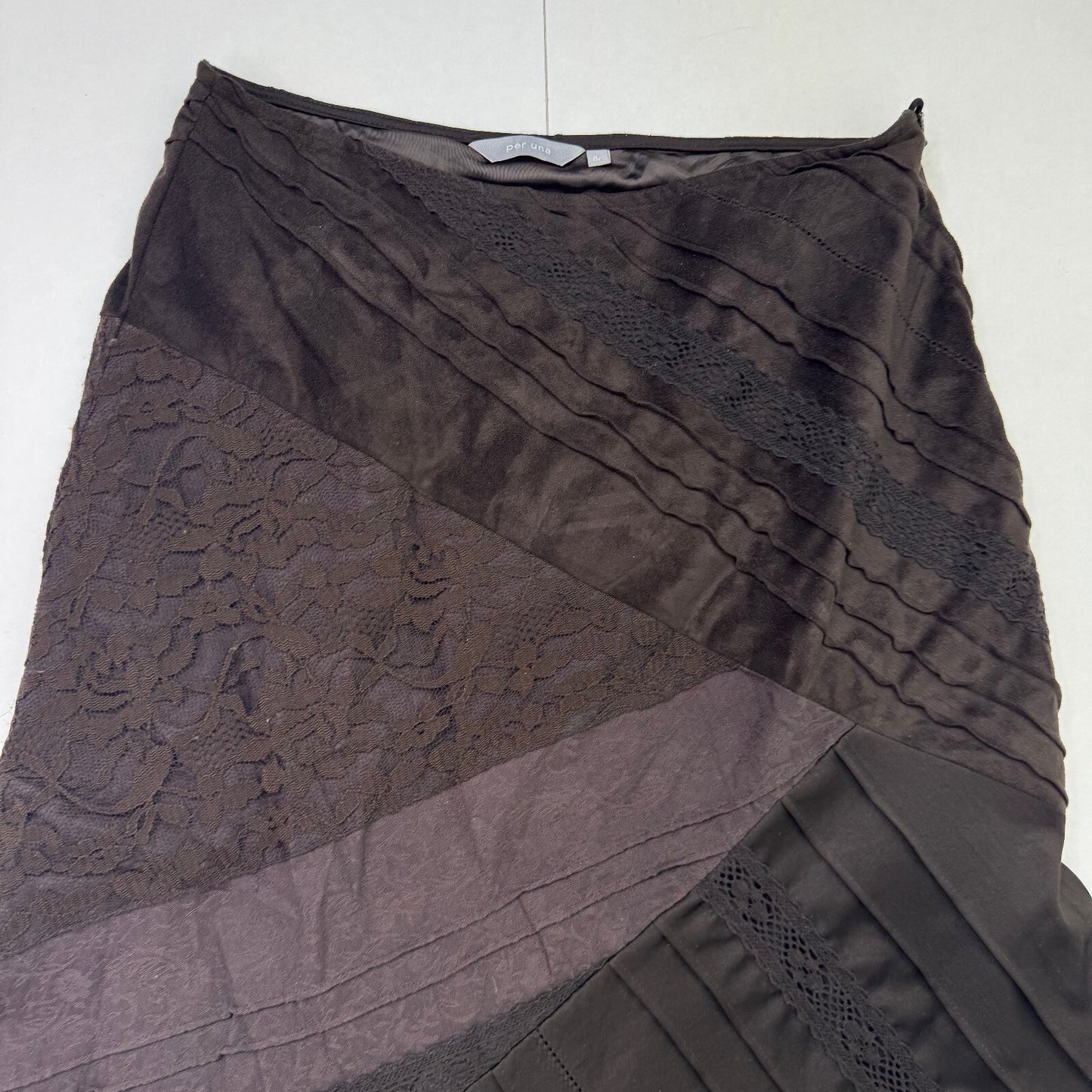 Y2K vintage Per Una maxi skirt boho a line patchwork lace trim brown