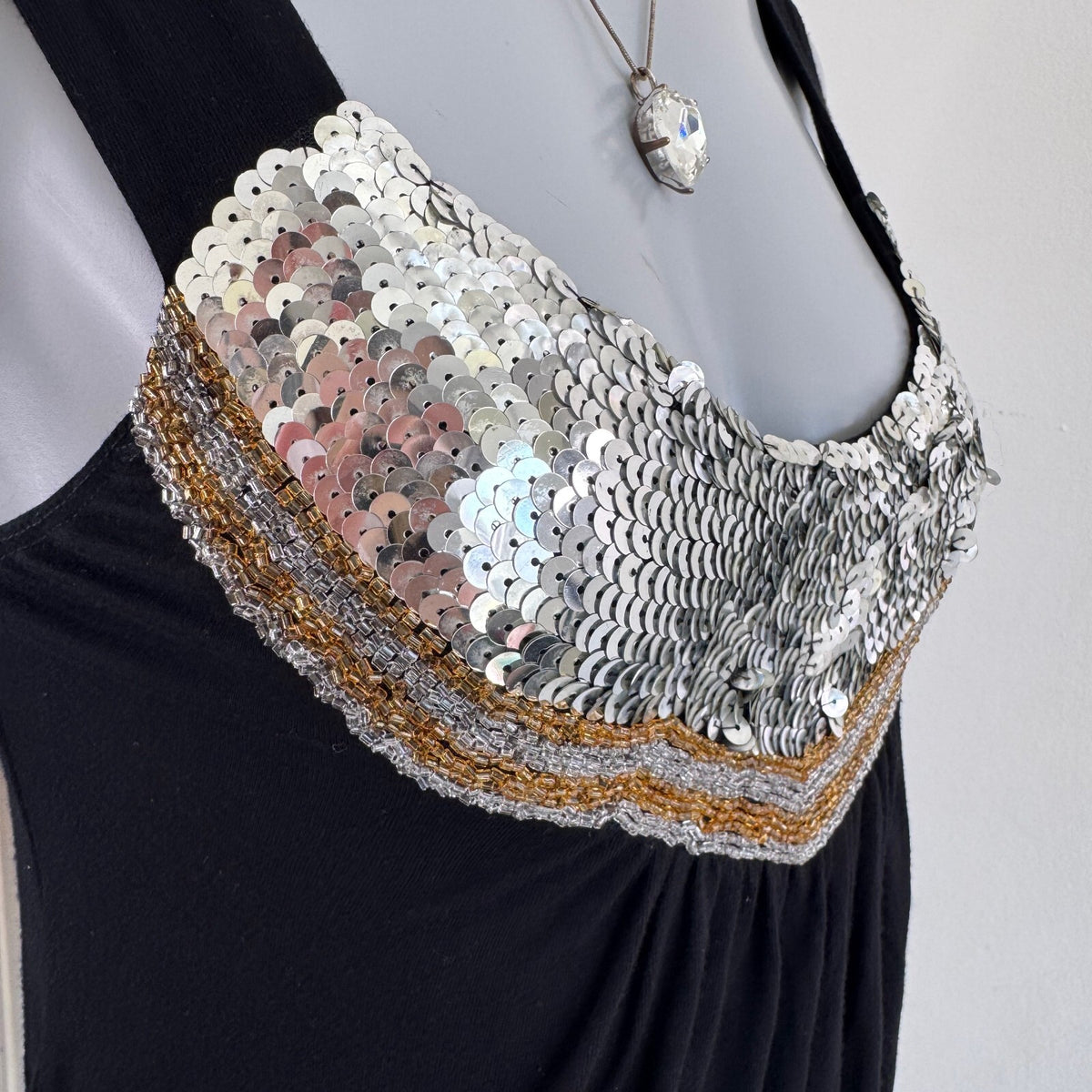 Y2K vintage mini dress peplum slouchy boho sequin beaded ruched clubbing black