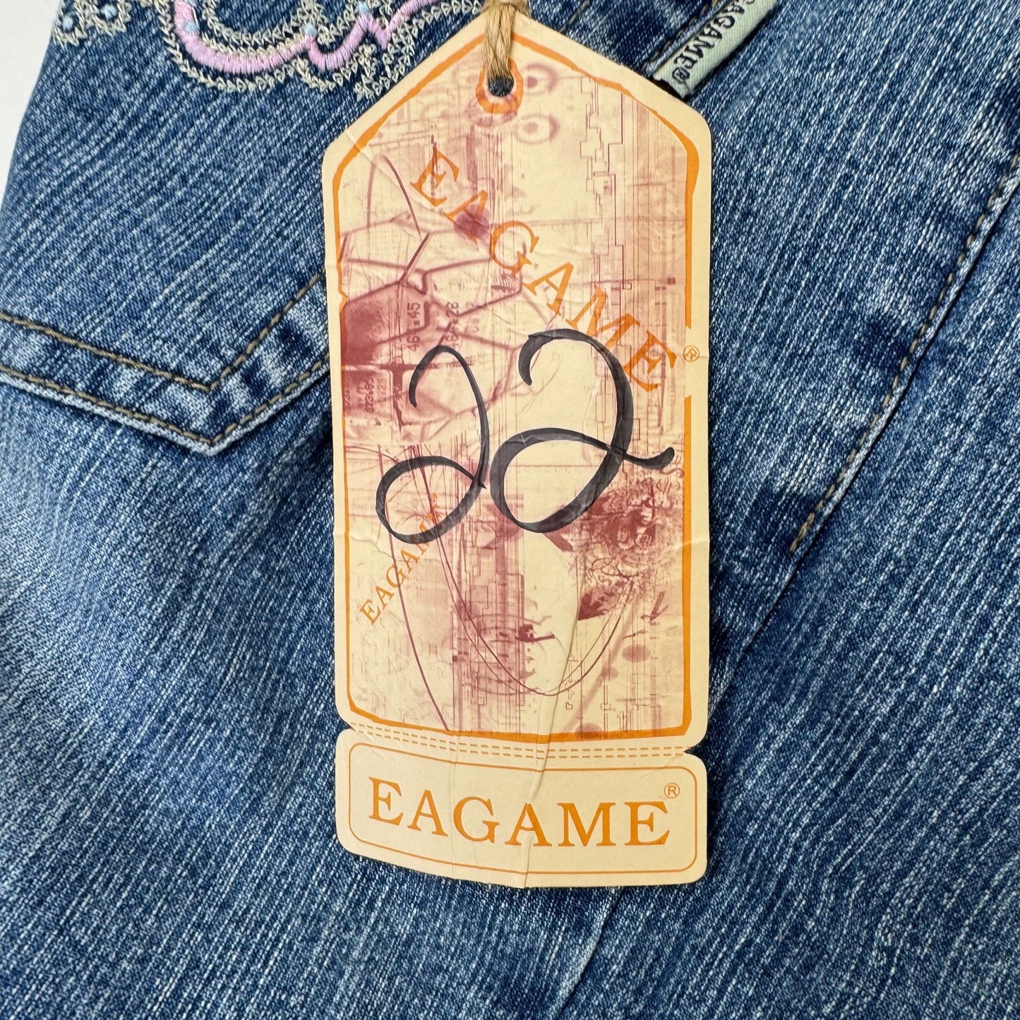 Y2K vintage bootcut denim jeans stretchy rhinestone embroidered faded mid blue