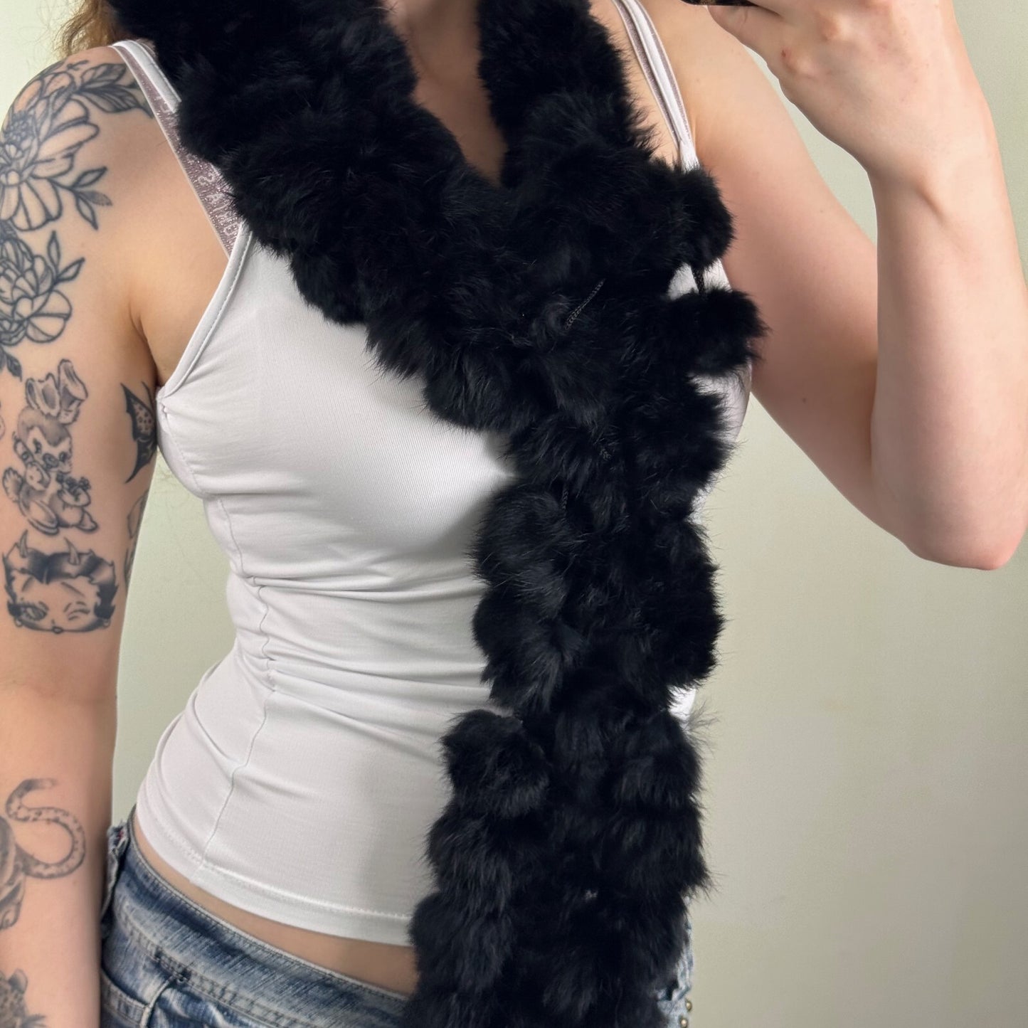 Y2K vintage genuine lapin fur scarf pom pom chunky rabbit black