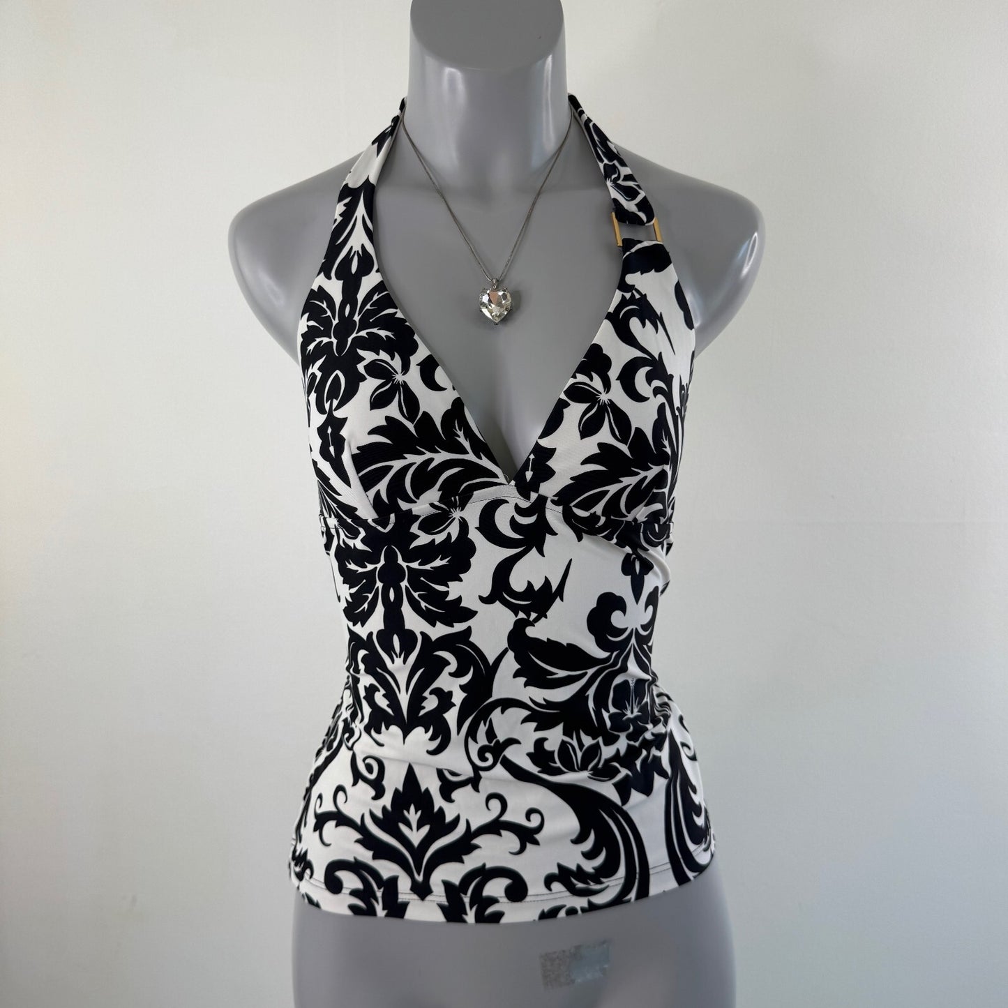 Vintage tankini top filigree black white halter neck tie bow v neck