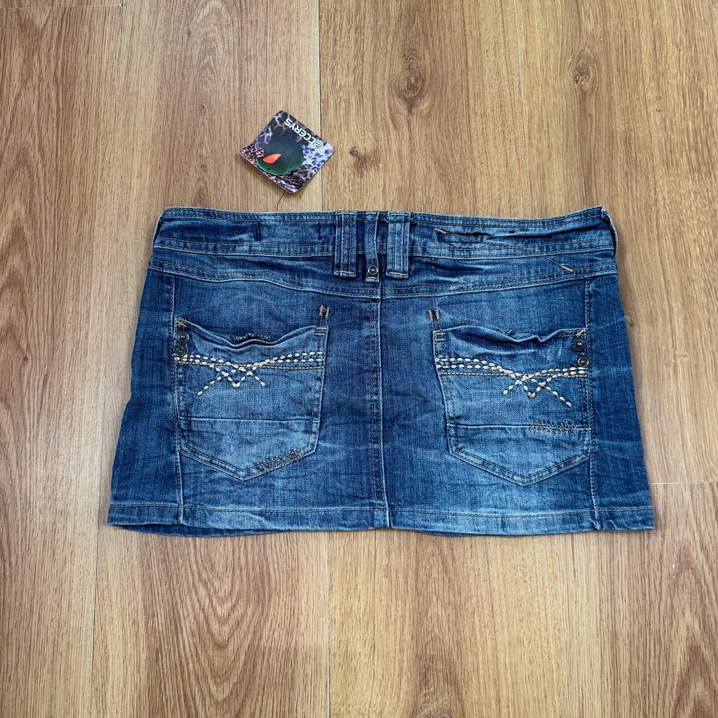 Y2K vintage mini skirt distressed low rise embroidered faded mid wash stretchy