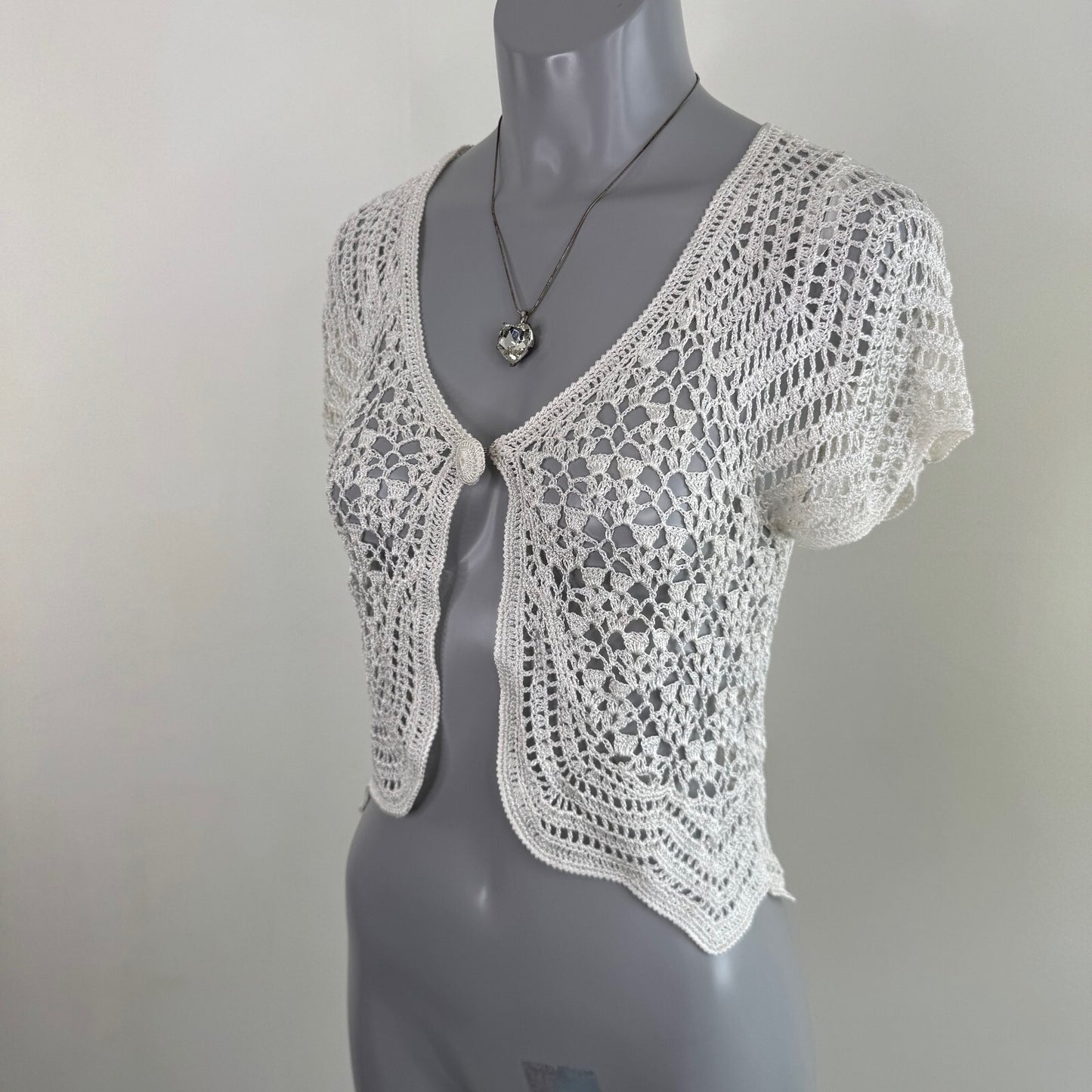 Y2K vintage short sleeve crochet top button up sheer knit v neck cardigan white