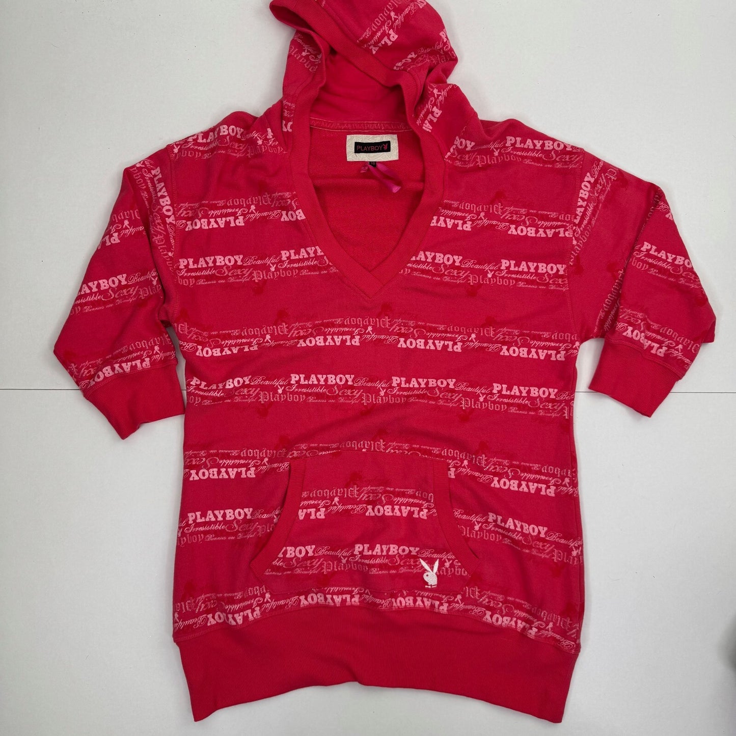 Y2K vintage Playboy hoodie v neck sparkly text 3/4 length sleeve