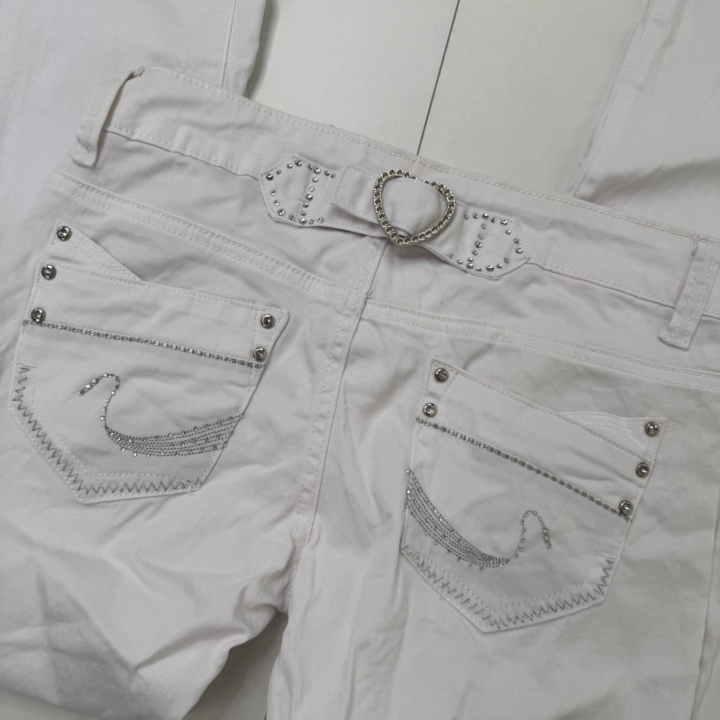 Y2K vintage low rise denim jeans straight leg rhinestone buckle stretchy