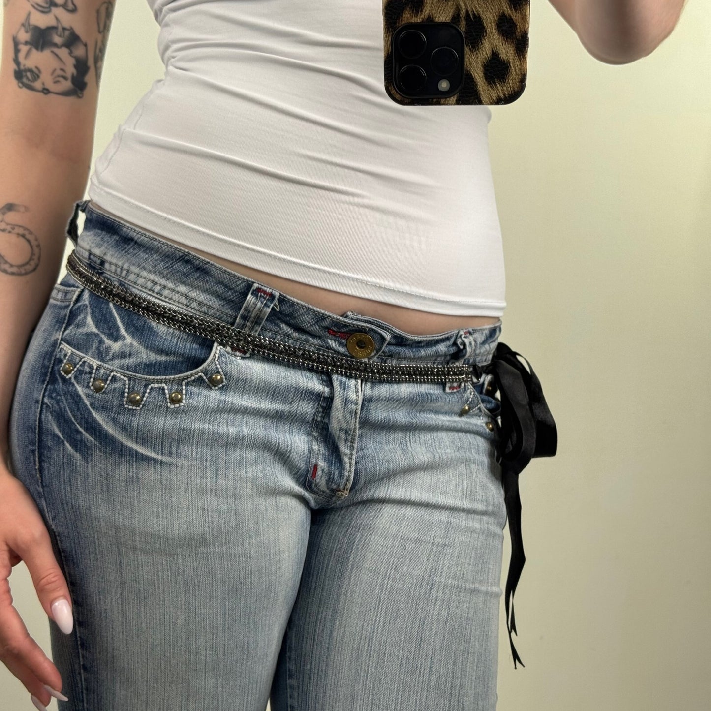 Y2K vintage belt chain ribbon bow rhinestones adjustable skinny thin