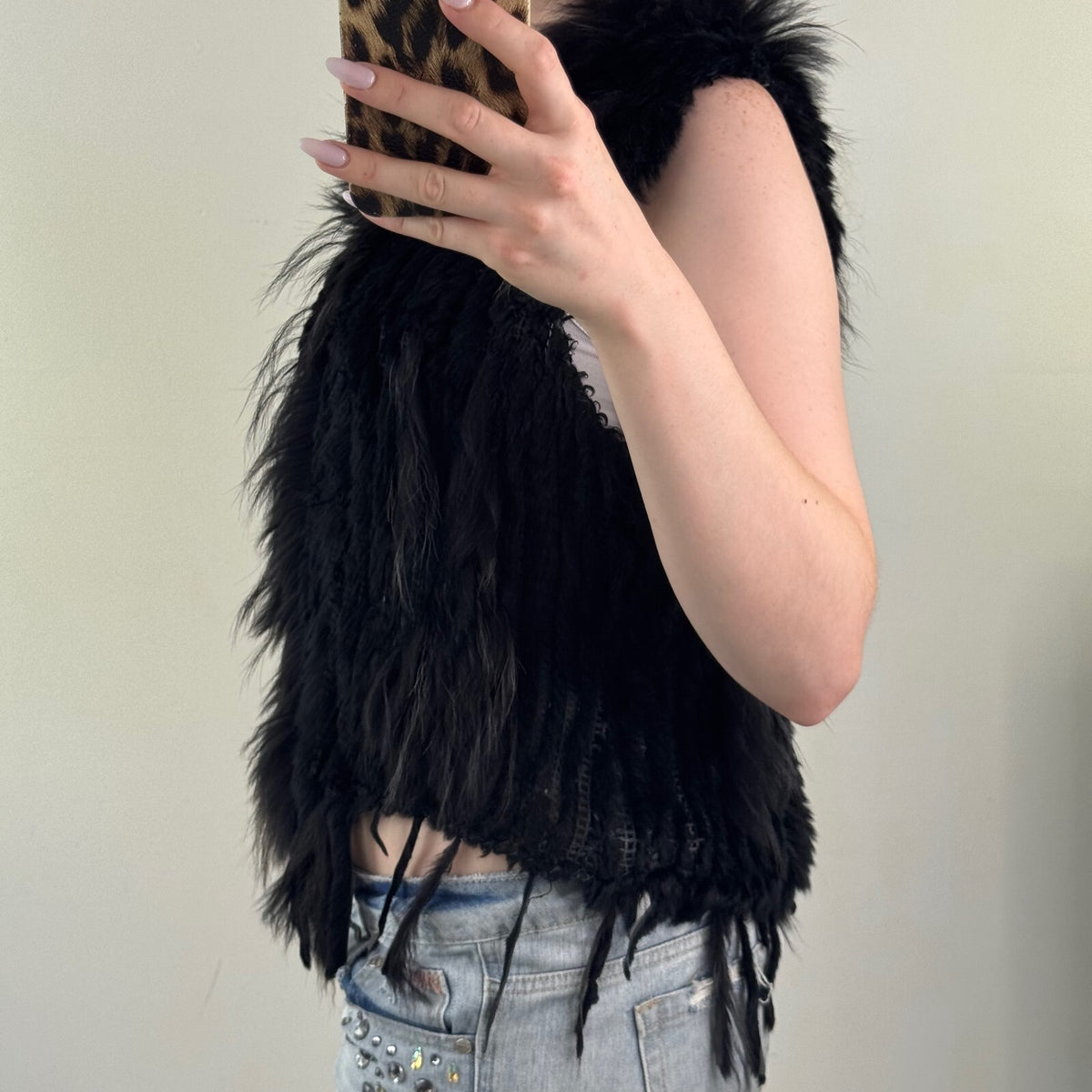 Vintage rabbit/ marmot gilet genuine fur collar trim sleeveless jacket black